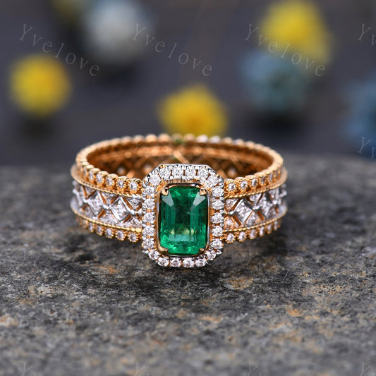 0.7ct Natural Emerald Engagement Ring Diamond Wedding Band Emerald Gemstone Women Bridal Ring Statement Ring Anniversary Ring Christmas Gift