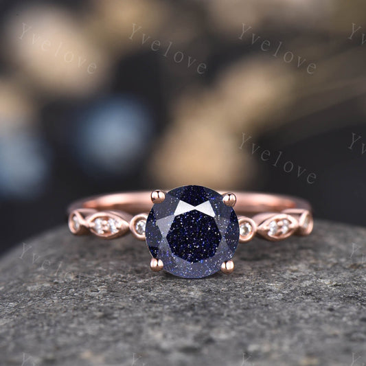 Blue Galaxy Ring,Vintage Blue Sandstone ring,art deco rose gold engagement ring,diamond band,bridal promise solitaire ring anniversary gift