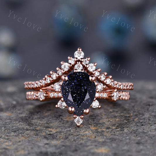 Vintage Blue Sandstone Ring Engagement Ring Set,Pear Cut Bridal Set ,925 Sterling silver Half Eternity Band,CZ man made diamond ring Custom