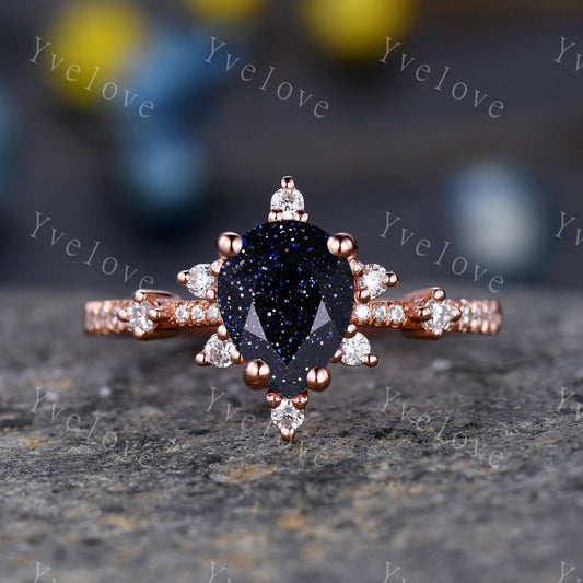 1.25ct Pear Galax Blue Sandstone Ring Rose Gold Teardrop Blue Goldstone Engagement Ring Vintage Gemstone Jewelry Anniversary Proposal Ring