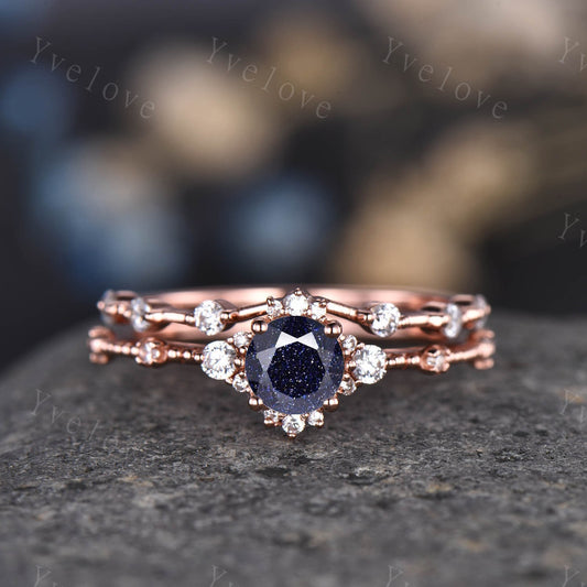 Vintage Blue Sandstone Engagement Ring Set Rose Gold Diamond Wedding Ring Stacking Eternity Band Vintage Floral Jewelry Anniversary Gift