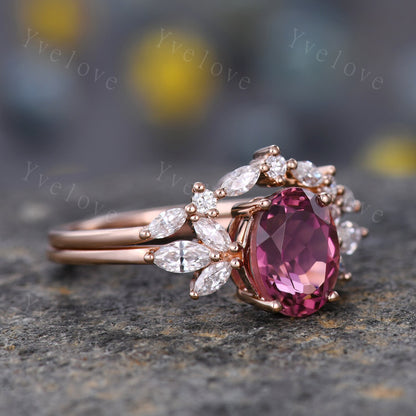 Natural Pink Tourmaline Engagement Ring Set,14k Rose Gold Marquise Moissanite Band,October Birthstone Ring,Art Deco Promise Anniversary Gift