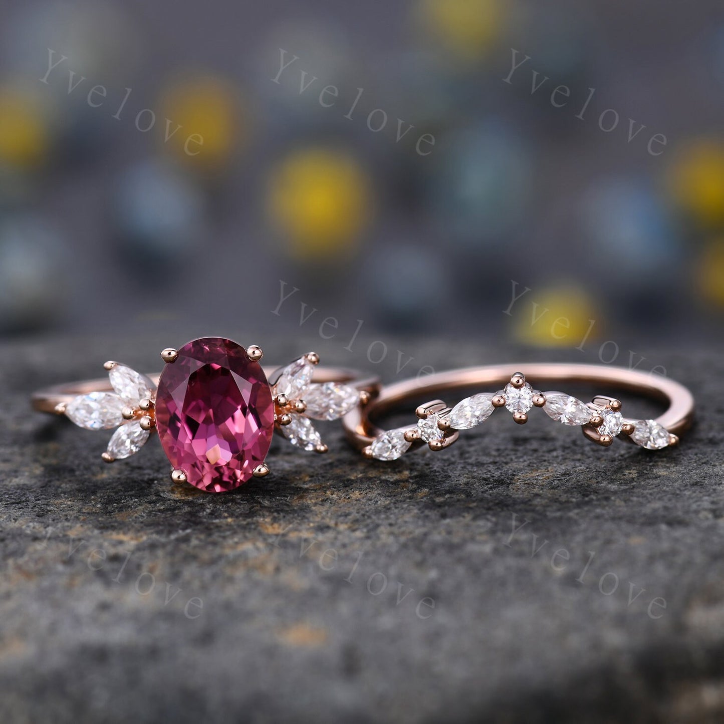 Natural Pink Tourmaline Engagement Ring Set,14k Rose Gold Marquise Moissanite Band,October Birthstone Ring,Art Deco Promise Anniversary Gift