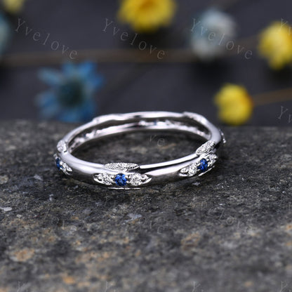 Antique Sapphire Wedding Band Eternity Blue Sapphire ring Sterling Silver September Birthstone Promise Anniversary Gift for Her Handmade