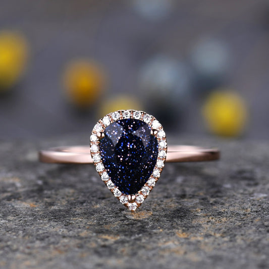 Vintage Blue sandstone engagement ring,Teardrop Diamond Solitaire Ring,14k rose gold,diamond matching band,Plain Band,Christmas Gift,Custom