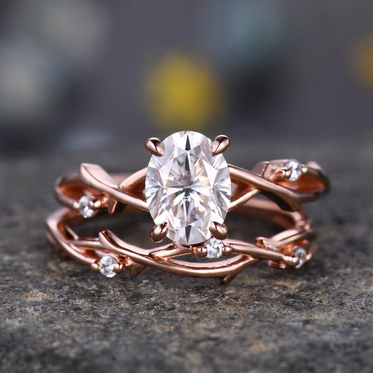 Twig Moissanite Engagement Ring Set,Oval Vintage Leaf Diamond Ring,Branch Ring Rose Gold,Twisted Ring Promise Bridal Set,Dainty Ring Set