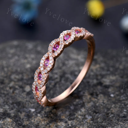 Pink sapphire wedding ring,vintage moissanite engagement band,unique wedding band, stacking band rose gold band,birthstone rings,customized