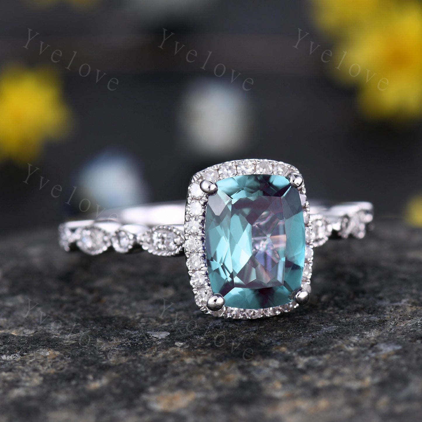 14K White Gold Cushion Alexandrite Engagement Ring Color-changing Alexandrite Ring Art Deco Halo 6x8mm Diamond Pave Wedding Ring Set for her
