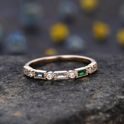Multi gemstones Wedding band,Minimalist Birthstone Ring,Family Birthstone Ring,Baguette Cut Aquamarine,Emerald,London Blue Topaz,Customized