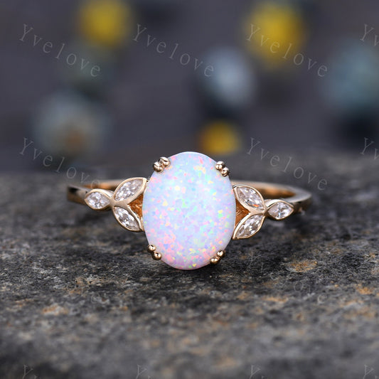 1.5ct Vintage White Fire Opal Engagement Ring,Opal Rings For Women 14k Yellow Gold,Gemstone Ring,Promise Ring,Oval Opal Rings,Statement Ring