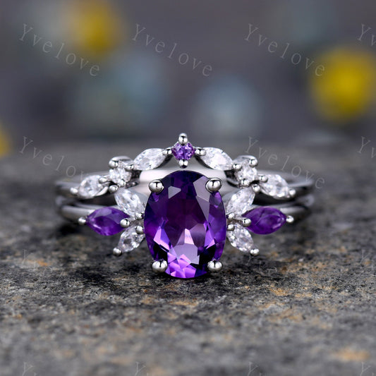 Oval Purple Amethyst Bridal Ring Set,Moissanite Amethyst Wedding Ring Set,White gold,Bridal Ring Curved Wedding Band,Color Engagement Ring