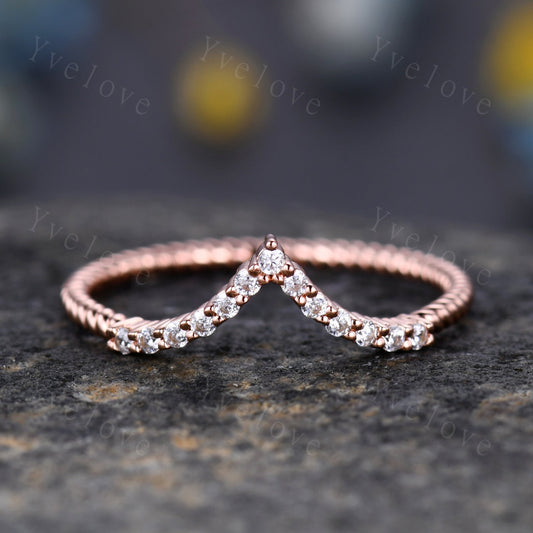 Petite Twist Half Eternity Ring,V Curved Stacking band,Twisted Vine Moissanite Wedding Band,Matching Band,14k Rose Gold Anniversary Ring