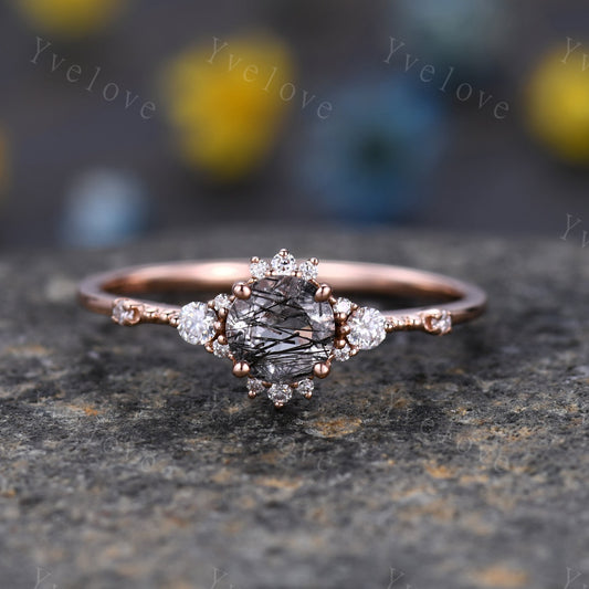 Black Rutilated Quartz Engagement Ring 14k Rose Gold Diamond/Moissanite Stacking Wedding Band Minimalist Floral Bridal Ring Set