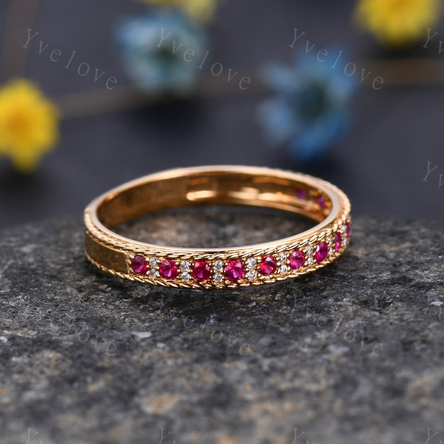 Custom rose gold ruby wedding band 3/4 eternity ruby diamond ring milgrain natural birthstone 14k solid gold anniversary ring Chirstmas gift