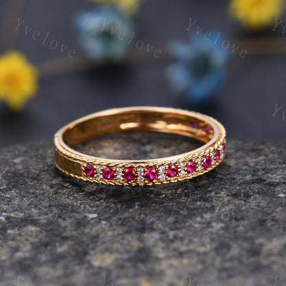 Custom rose gold ruby wedding band 3/4 eternity ruby diamond ring milgrain natural birthstone 14k solid gold anniversary ring Chirstmas gift