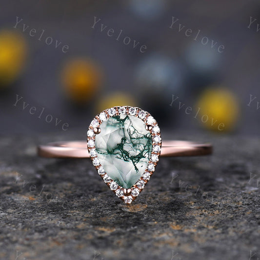 Unique Moss Agate Engagement Ring,Pear Cut Moss Agate Ring,Solitaire Ring,14k rose gold Ring,Diamond Wedding band,Women Promise Ring Gift