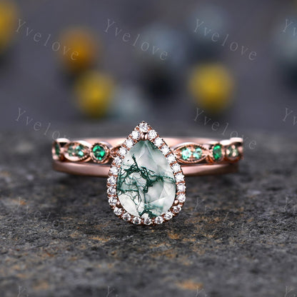 Unique Moss Agate Engagement Ring Set,Pear Cut Moss Agate Solitaire Ring,14k rose gold,Emerald Wedding band, Half Eternity matching band