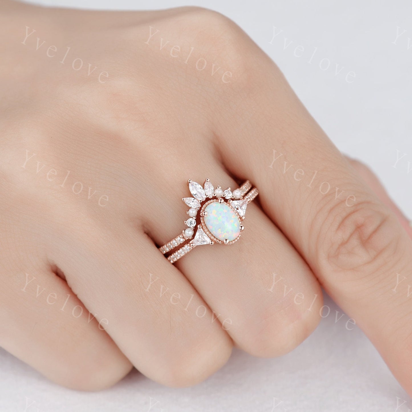 White Opal Engagement Ring Set,Three Stone Ring,Side Triangle Ring,Rose Gold Rings for Women, Unique Curved Pearl Wedding Band, Handmade