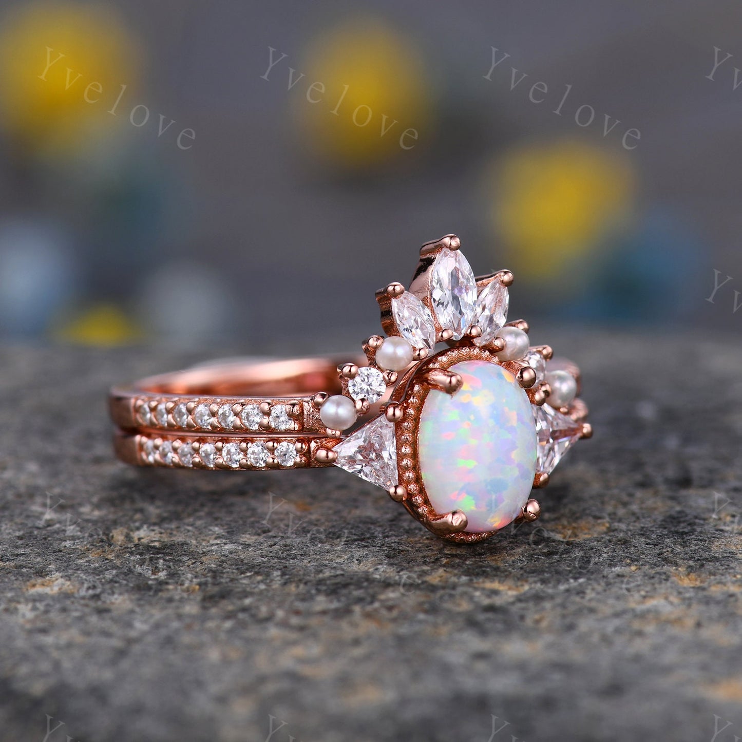 White Opal Engagement Ring Set,Three Stone Ring,Side Triangle Ring,Rose Gold Rings for Women, Unique Curved Pearl Wedding Band, Handmade