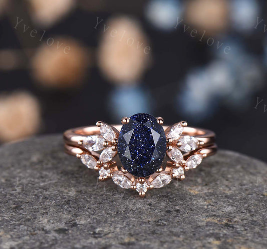 Blue Sandstone Engagement Ring Set Women Stacking Matching Band Diamond/Moissanite Eternity Ring Unique Vintage Floral Design Promise Gift