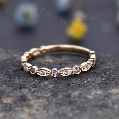 Amethyst diamond ring 14k rose gold 3/4 eternity promise ring natural birthstone matching band pave set Milgrain Marquise Style Gift for her