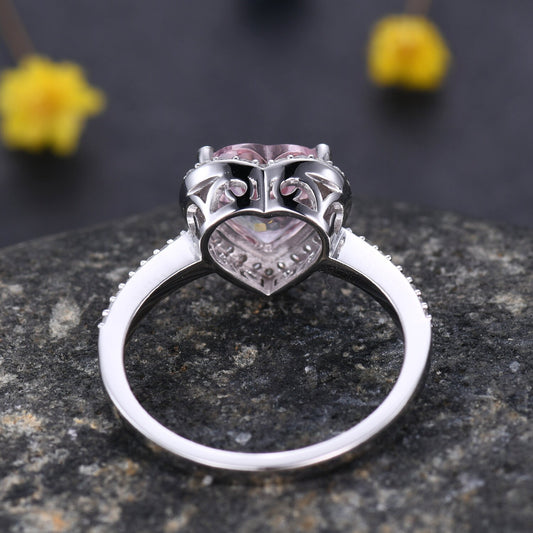 8mm Heart Shape Morganite Engagement Ring Pink Morganite Ring  Natural Gemstone Ring Diamond Ring Diamond Wedding Band Solid 14k White Gold