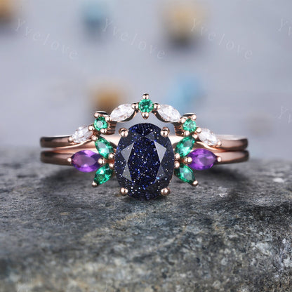 Blue Sandstone Wedding Ring Set Oval Sandstone Engagement Ring14k Gold Wedding Ring Emerald Amethyst Floral Promise Jewelry Anniversary Gift