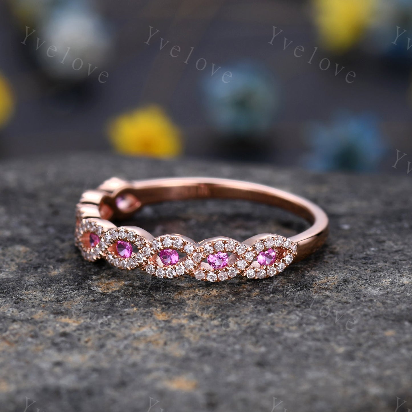 Pink sapphire wedding ring,vintage moissanite engagement band,unique wedding band, stacking band rose gold band,birthstone rings,customized