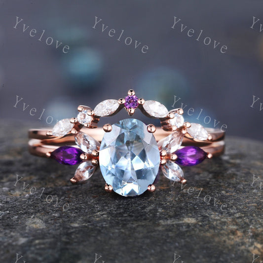 Vintage Aquamarine Engagement Ring set Unique Rose Gold Oval Cut Bridal set Art deco Amethyst curved stacking band promise anniversary rings
