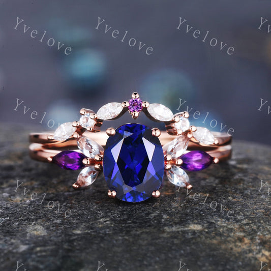Vintage Sapphire Engagement Ring Set Rose Gold Women Moissanite Amethyst Gem Matching Band Promise Bridal Stacking Ring Set Gift for her