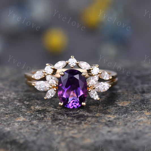 Amethyst ring set yellow gold amethyst engagement ring women promise ring oval cut amethyst moissanite stacking band Valentine's crown ring