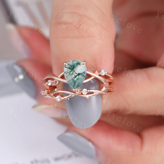Vintage Twig Moss agate Engagement Ring Set,Unique Pear Shaped Diamond Ring Set,Branch Ring Set Gold,Twisted Ring Bridal Set,Dainty Ring Set