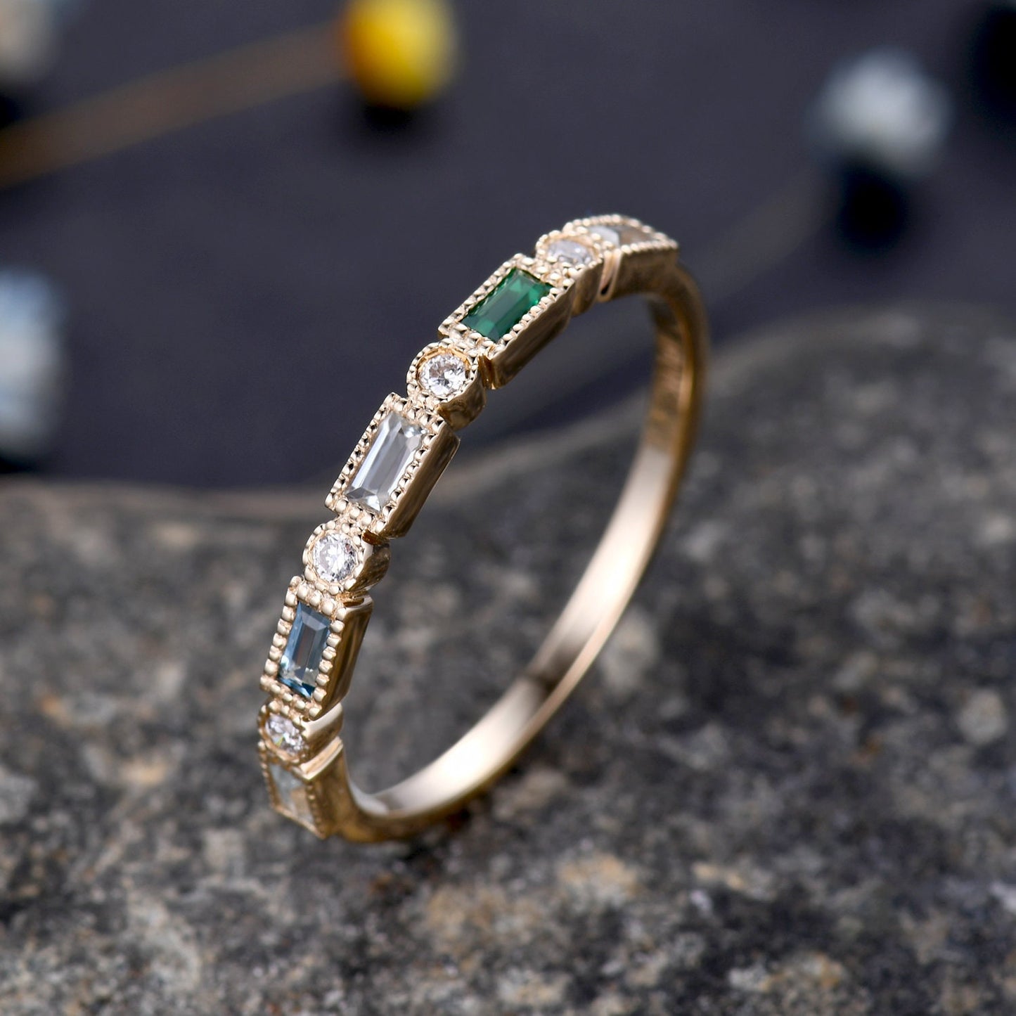 Multi gemstones Wedding band,Minimalist Birthstone Ring,Family Birthstone Ring,Baguette Cut Aquamarine,Emerald,London Blue Topaz,Customized