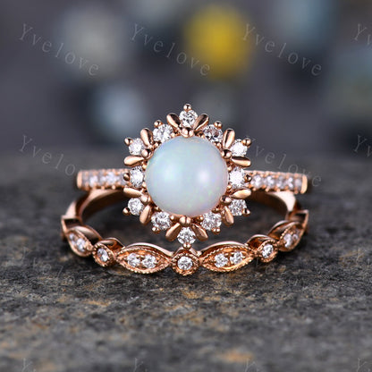 Unique Natural Opal Engagement Ring Set,White Opal Floral Ring,Diamond Wedding Band,Stacking Bridal Set For Women,Promise Anniversary Gift