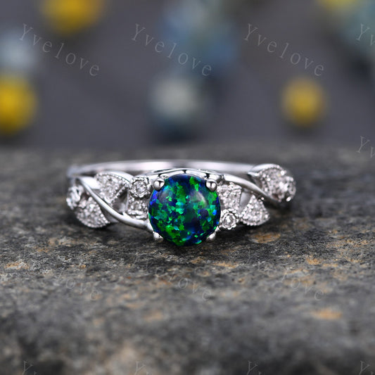 Vintage Black Opal Engagement Ring White Gold Blue Opal Diamond Wedding Ring Bridal Ring October Birthstone Promise Anniversary Gift For Her