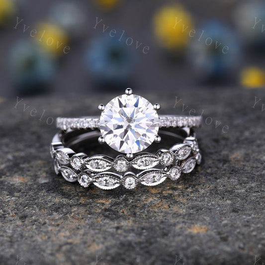 1.2CT Solitaire Moissanite Bridal Set,Real Moissanite Ring For Women,3 PCS Engagement Ring Set 14k White Gold Matching Band Set Gift For Her