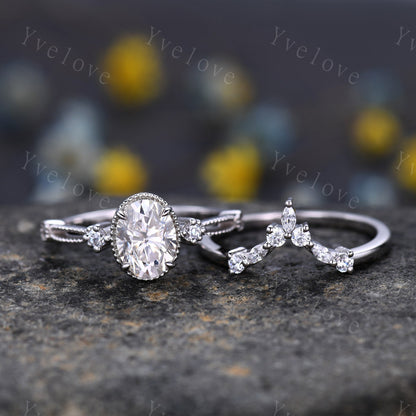 Oval moissanite engagement ring set white gold vintage engagement ring unique cluster marquise diamond wedding anniversary women ring set