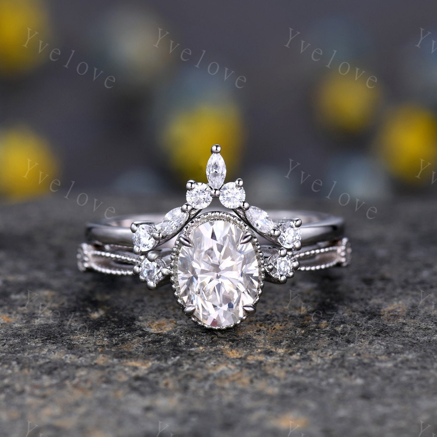 Oval moissanite engagement ring set white gold vintage engagement ring unique cluster marquise diamond wedding anniversary women ring set