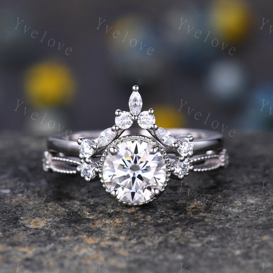 1.2ct Round Cut Moissanite Diamond Wedding Ring Set,14K White Gold Moissanite Bridal Ring Set,Art Deco Moissanite Engagement Ring Set,Custom