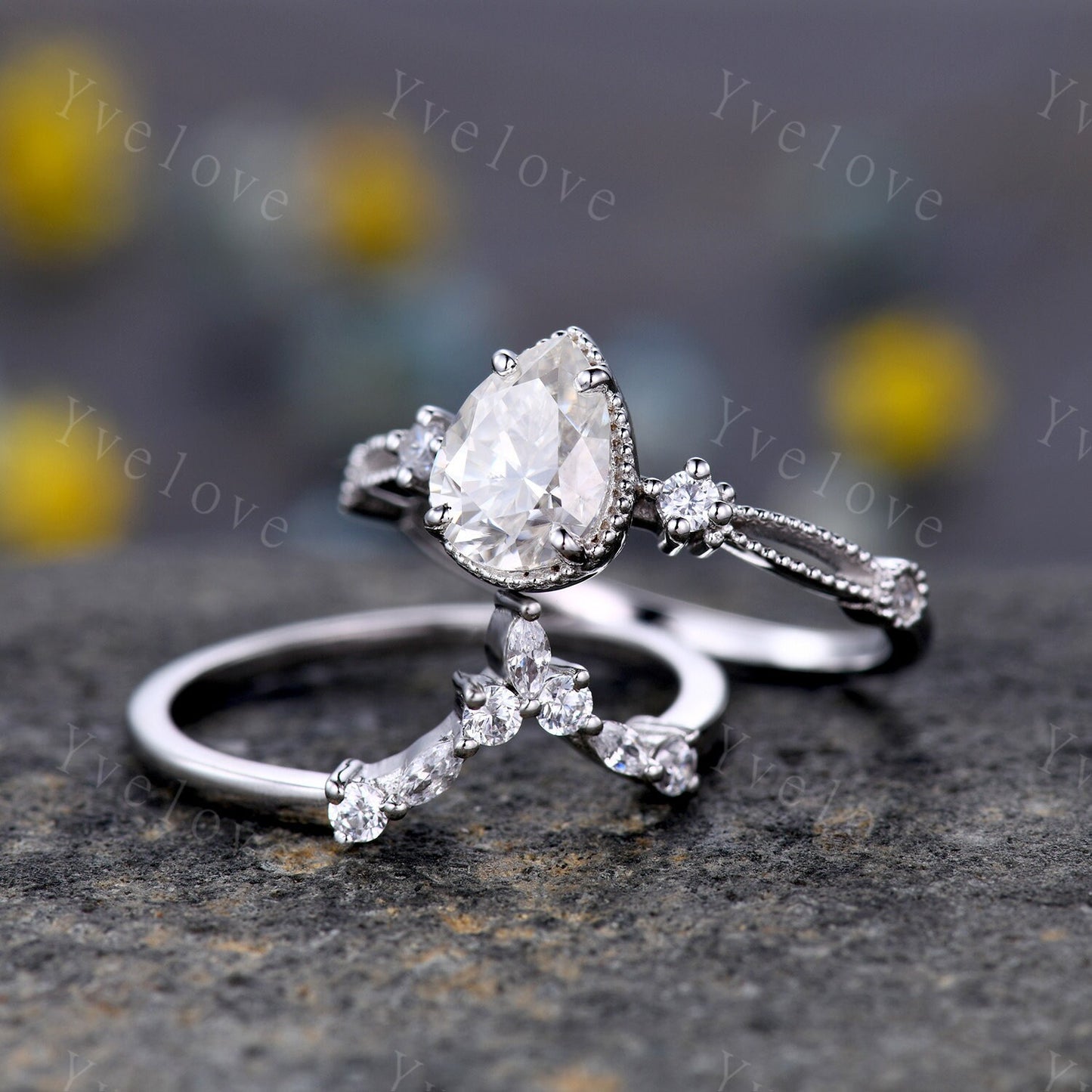 Pear moissanite engagement ring set white gold vintage engagement ring unique cluster marquise diamond wedding anniversary women ring set