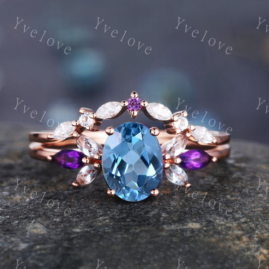 Oval blue topaz engagement ring set topaz wedding ring moissanite matching band November birthstone Valentines day gift for her handmade