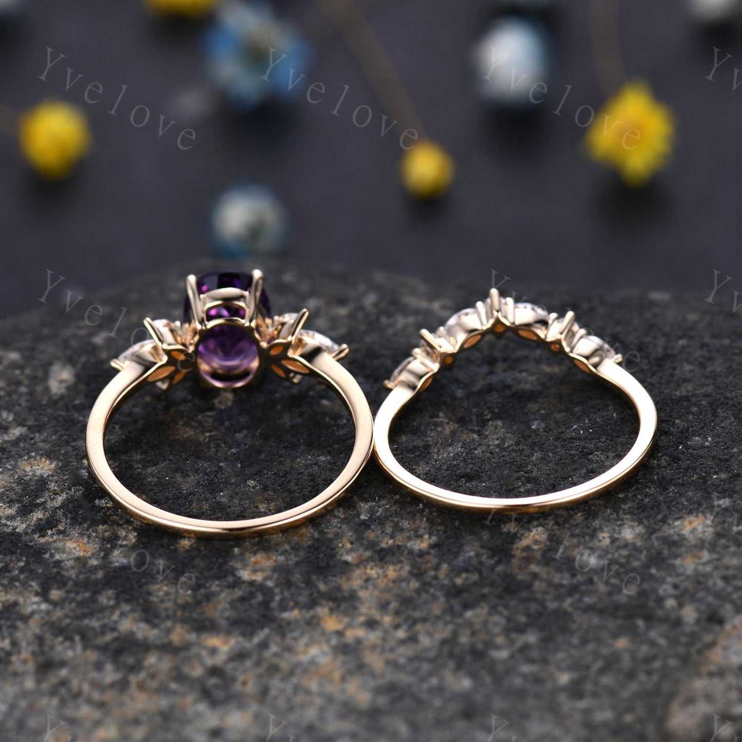 Amethyst ring set rose gold amethyst engagement ring women promise ring oval cut amethyst moissanite stacking band crown ring