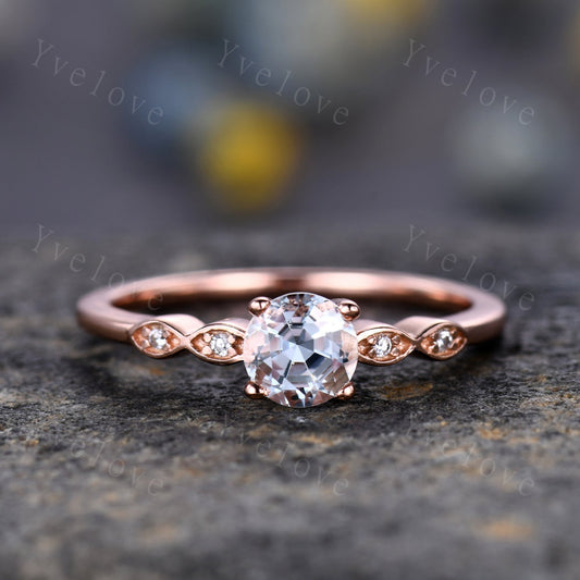 Danity blue topaz engagement ring 5mm round cut topaz 14k/18k rose gold art deco diamond wedding band bridal promise ring gift for her