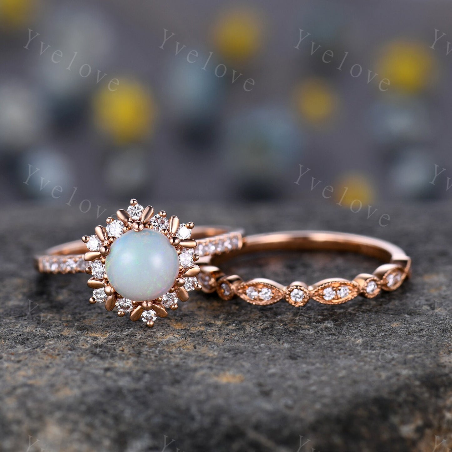 Unique Natural Opal Engagement Ring Set,White Opal Floral Ring,Diamond Wedding Band,Stacking Bridal Set For Women,Promise Anniversary Gift
