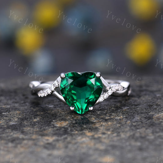 Heart shaped Emerald engagement ring,Twist diamond wedding ring,Infinity wedding band,14k white gold,Crossover band,Bridal Valentine's ring
