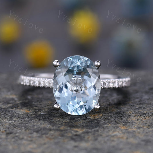 8x10mm oval cut Aquamarine ring natural aquamarine engagement ring blue gemstone diamond thin band delicate jewelry custom ring white gold