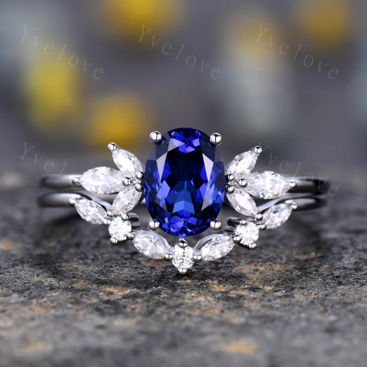 Blue Sapphire Ring Oval Sapphire Engagement Ring 14k White Gold Women Moissanite Sapphire Wedding Ring Set Art Deco Stacking Bridal Set 14k