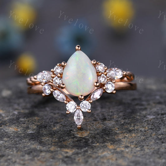 Natural pear opal ring,Vintage white fire opal Engagement Ring set,Twisted ring,Bridal ring set,V shaped curved band,Moissanite ring,Custom