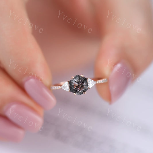 Hexagon Cut Black Rutilated Quartz Engagement Ring,Vingate Bridal Ring,925 Silver,Gothic Ring,Anniversary Wedding Ring Birthday Gift for Her
