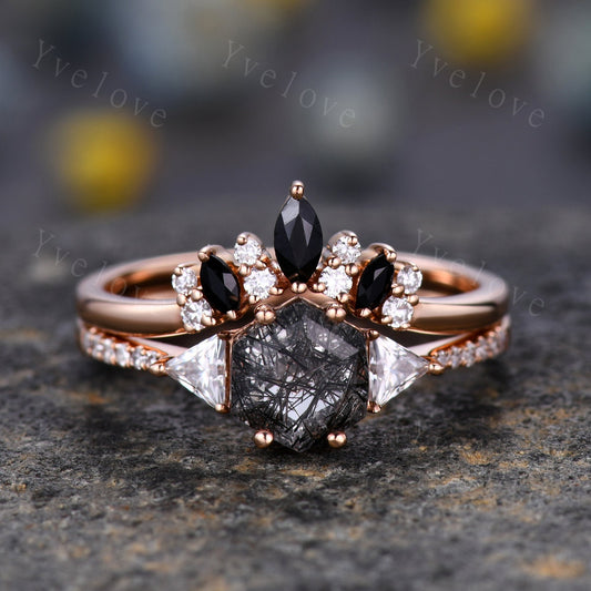 Hexagon Cut Black Rutilated Quartz Engagement Ring,Vingate Bridal Ring Set,Three Stone Engagement Ring,Anniversary Birthday Gift for Her